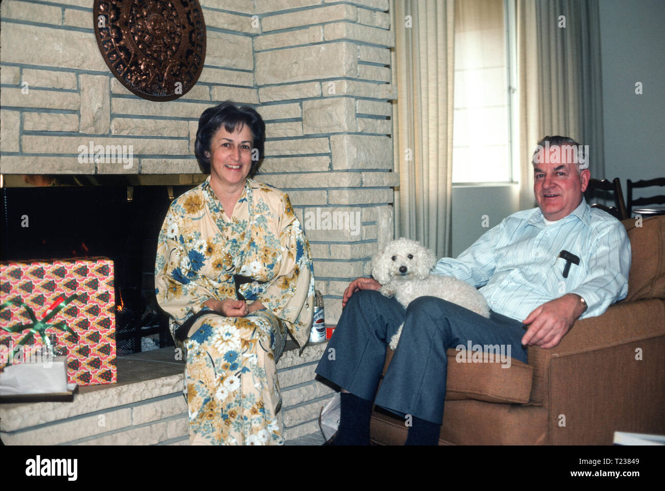 Paare mittleren Alters und ihr Hund entspannen im Wohnzimmer, USA 1970er Stockfoto