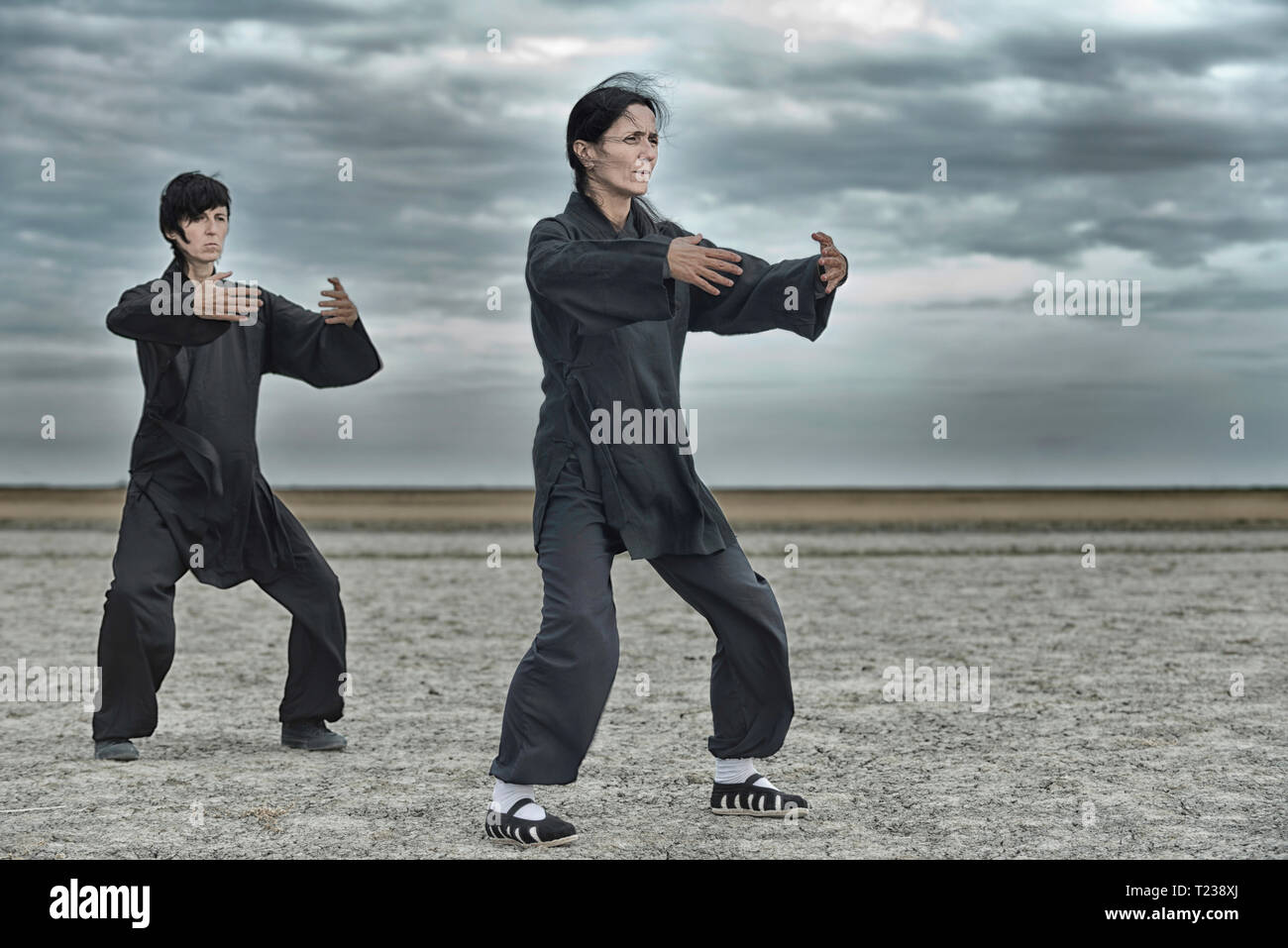 Tai Chi Chuan Praxis in einer kargen Landschaft. Stockfoto