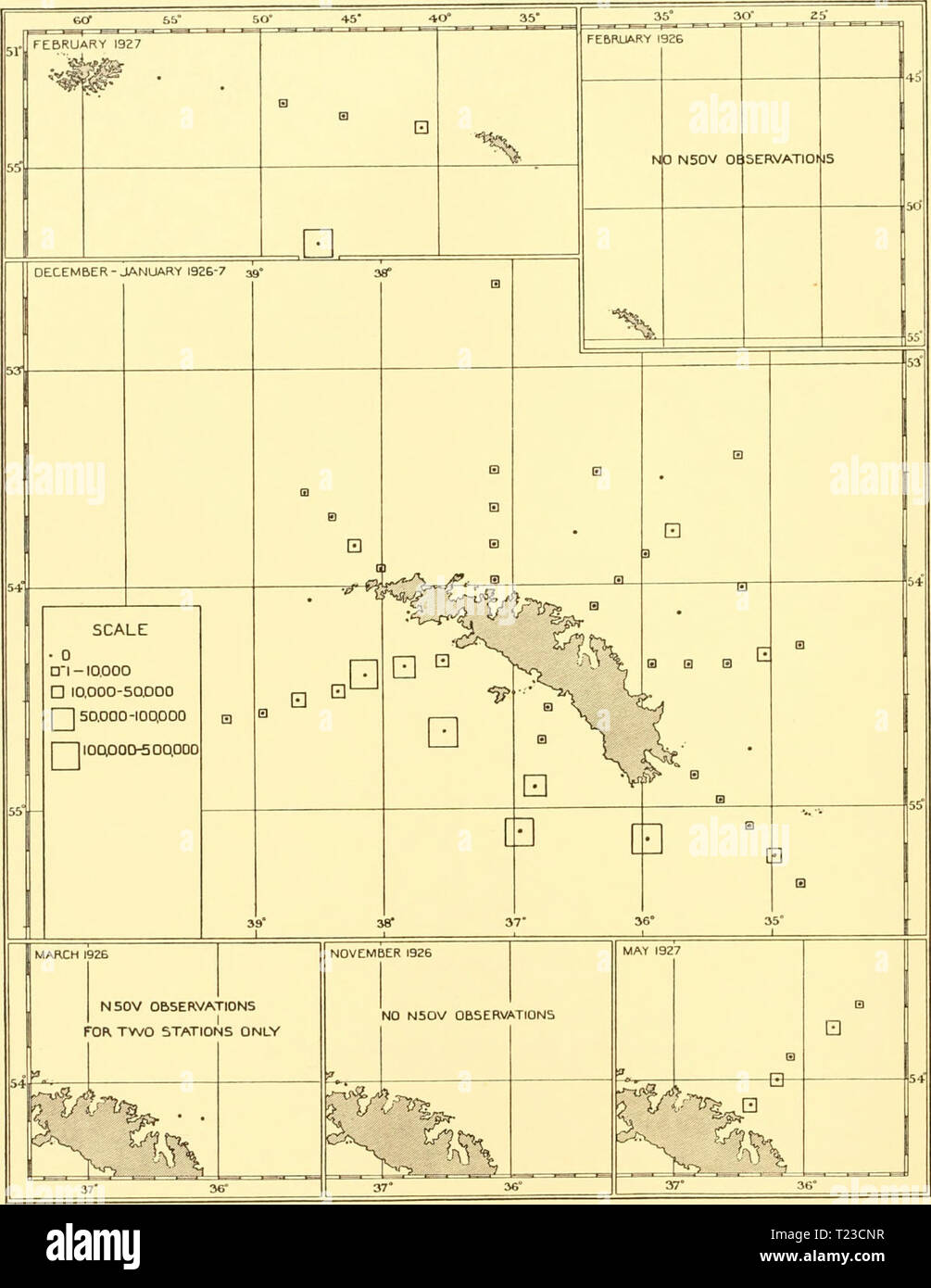 Archiv Bild ab Seite 119 der Entdeckung berichten (1935-1936) Entdeckung berichten discoveryreports 11 inst Jahr: 1935-1936 104 Entdeckung berichten Abb. 48. Tabelle, in der die Verteilung der Tintinnidae in den oberen Schichten des Wassers an den Stationen in der 1926-7 Umfragen. Die Quadrate stellen die durchschnittliche Anzahl pro vertikales Ziehen mit dem N50 V-net von 100-0 m. Für hydrologische und Phytoplankton Bedingungen siehe Abbn. 2, 6, 7, 8, 38, 39 und 41. Stockfoto