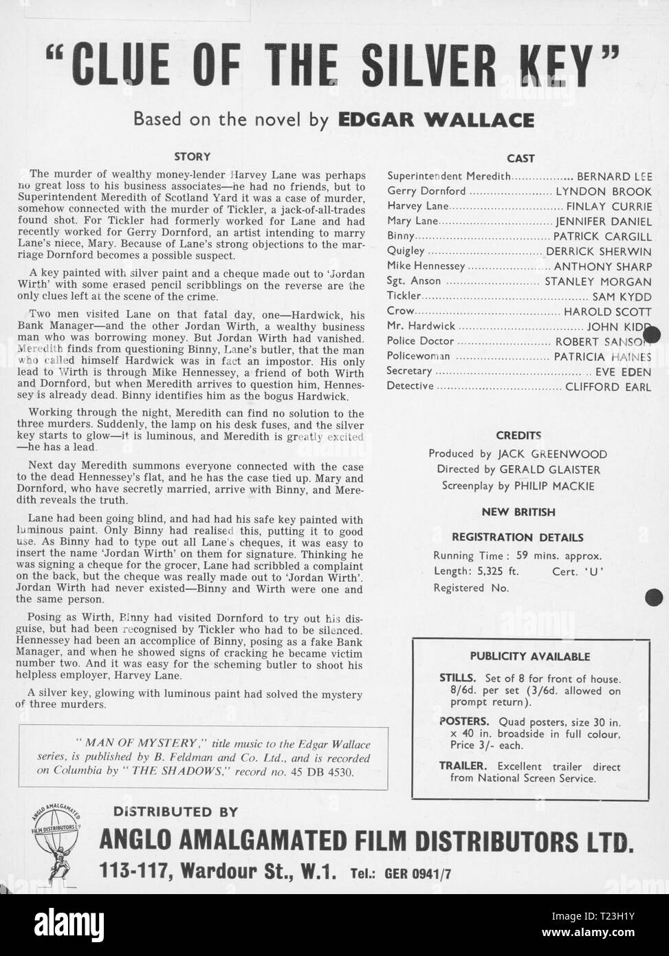 Anhaltspunkt der silbernen Taste (1961) Edgar Wallace Mystery-thriller. Werbung Informationen, Datum: 1961 Stockfoto