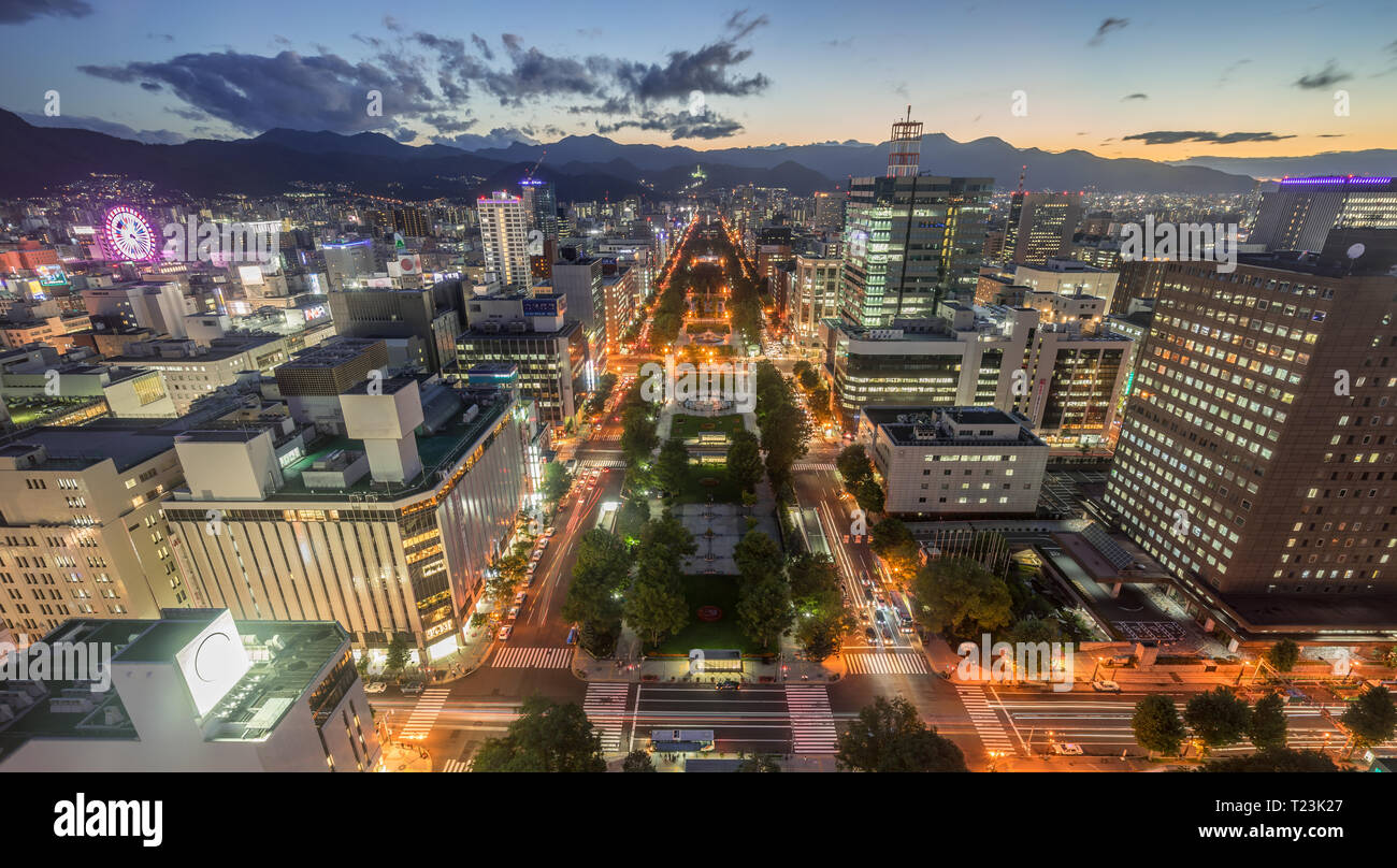 Panoramablick auf die Skyline von Sapporo. Bezirk Odori Park, Hokkaido, Japan. Stockfoto