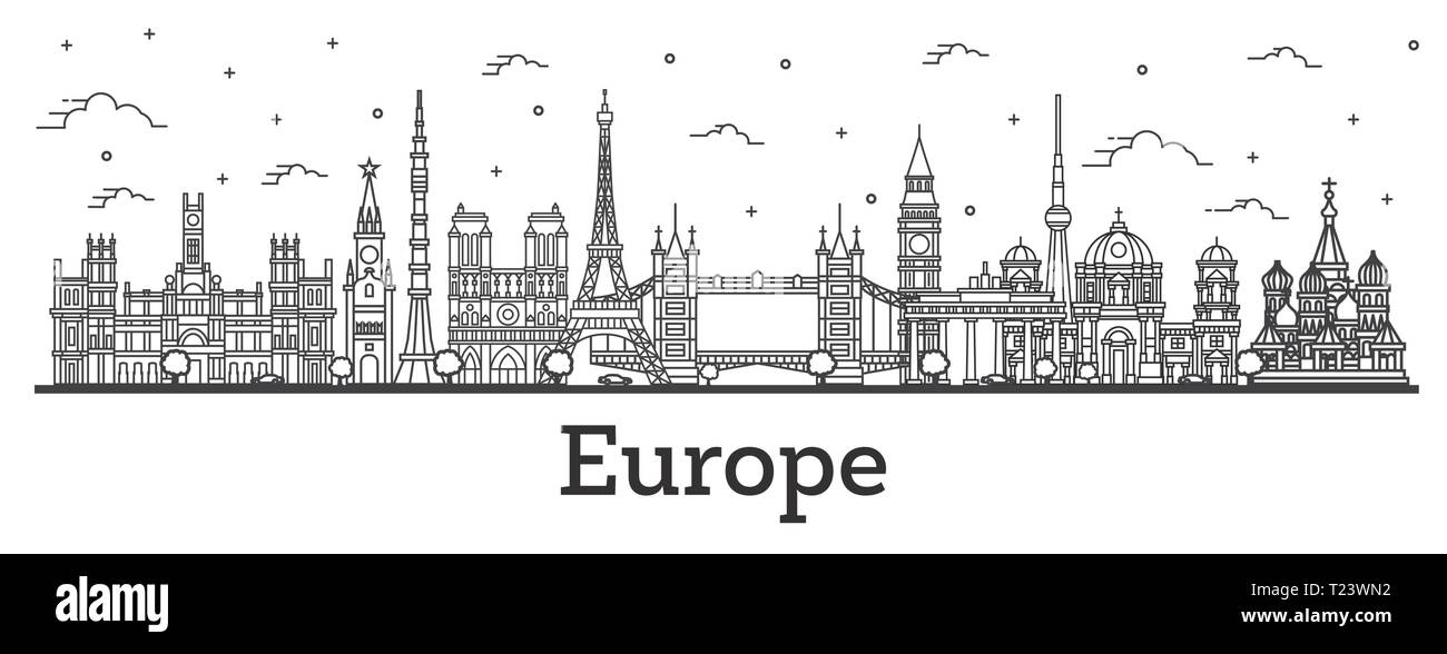 Übersicht Sehenswürdigkeiten in Europa. Vector Illustration. Business Travel und Tourismus Konzept. Paris, London, Berlin, Moskau, Madrid. Stock Vektor