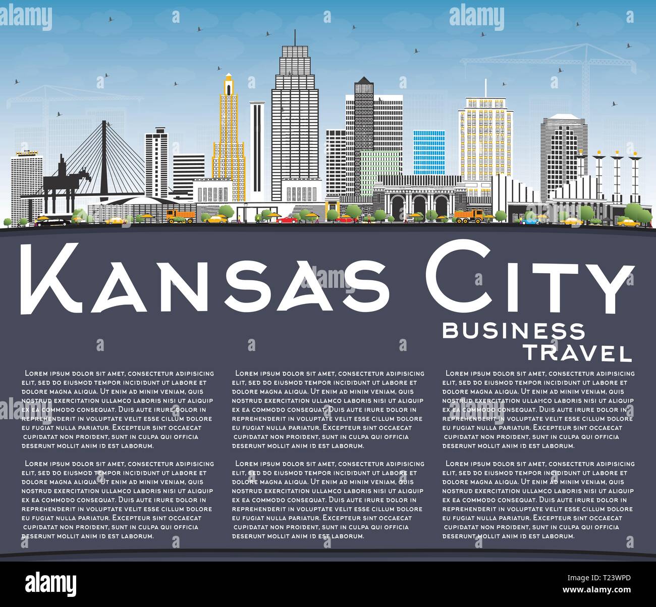 Kansas City Missouri Skyline mit Farbe Gebäude, blauer Himmel und Kopieren. Vector Illustration. Wirtschaft und Tourismus Konzept mit moderner Architektur. Stock Vektor