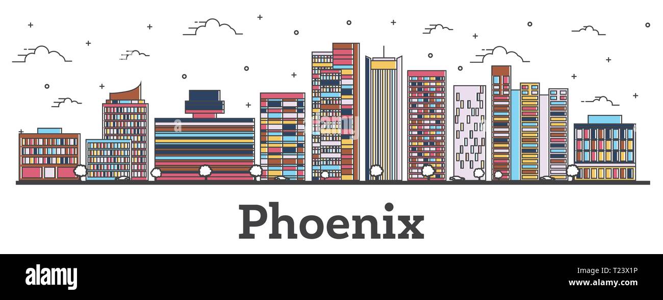 Übersicht Phoenix Arizona City Skyline mit Farbe Gebäude isoliert auf Weiss. Vector Illustration. Phoenix USA Stadtbild mit Sehenswürdigkeiten. Stock Vektor