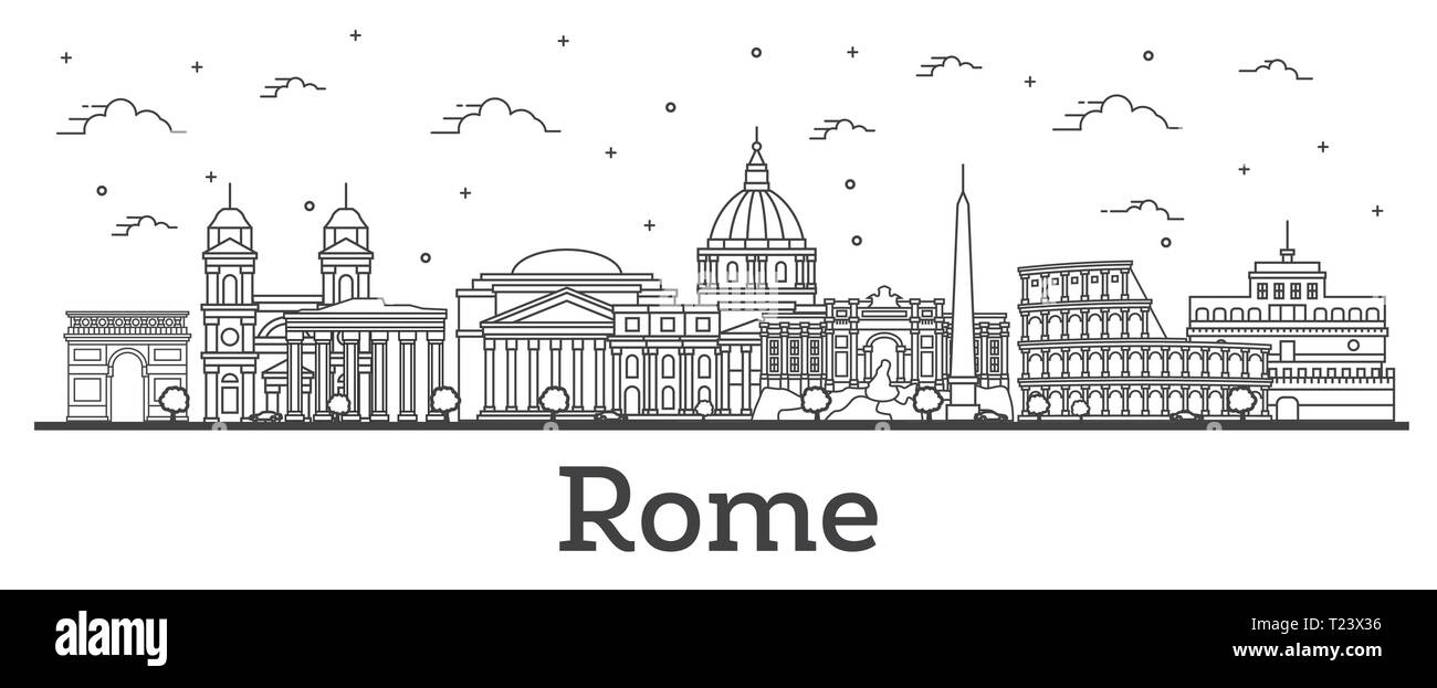 Umrisse Rom Italien Skyline der Stadt mit historischen Gebäuden isoliert auf Weiss. Vector Illustration. Rom Stadtbild mit Sehenswürdigkeiten. Stock Vektor