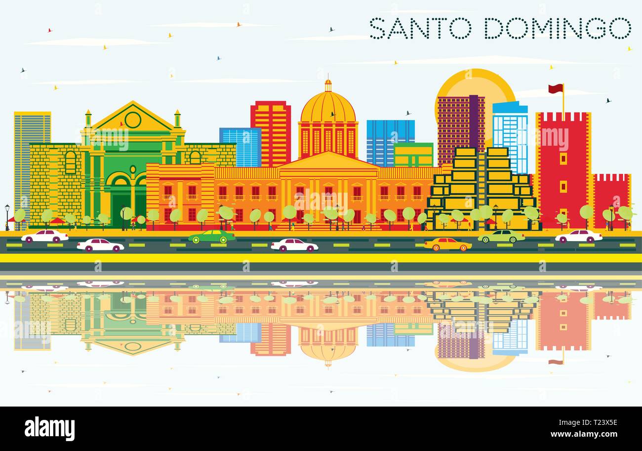 Santo Domingo Dominikanische Republik Skyline mit Farbe Gebäude, blauer Himmel und Reflexionen. Vector Illustration. Stock Vektor