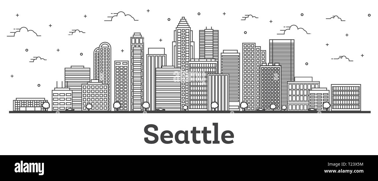 Umrisse Seattle Washington Skyline der Stadt mit modernen Gebäuden isoliert auf Weiss. Vector Illustration. Seattle USA Stadtbild mit Sehenswürdigkeiten. Stock Vektor