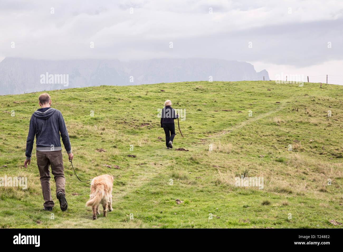 Österreich, Tirol, Kaisergebirge, Mutter und erwachsener Sohn mit Hund auf eine Wanderung in den Bergen Stockfoto