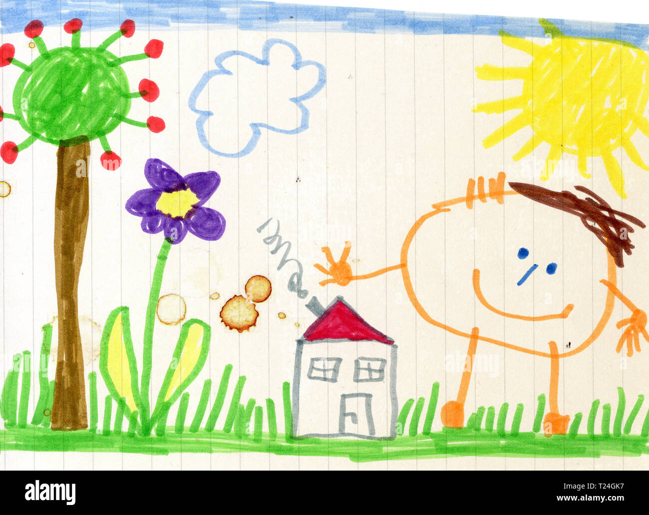 Zeichnung des Kindes, fröhliches Kind, Haus und Garten. Stockfoto