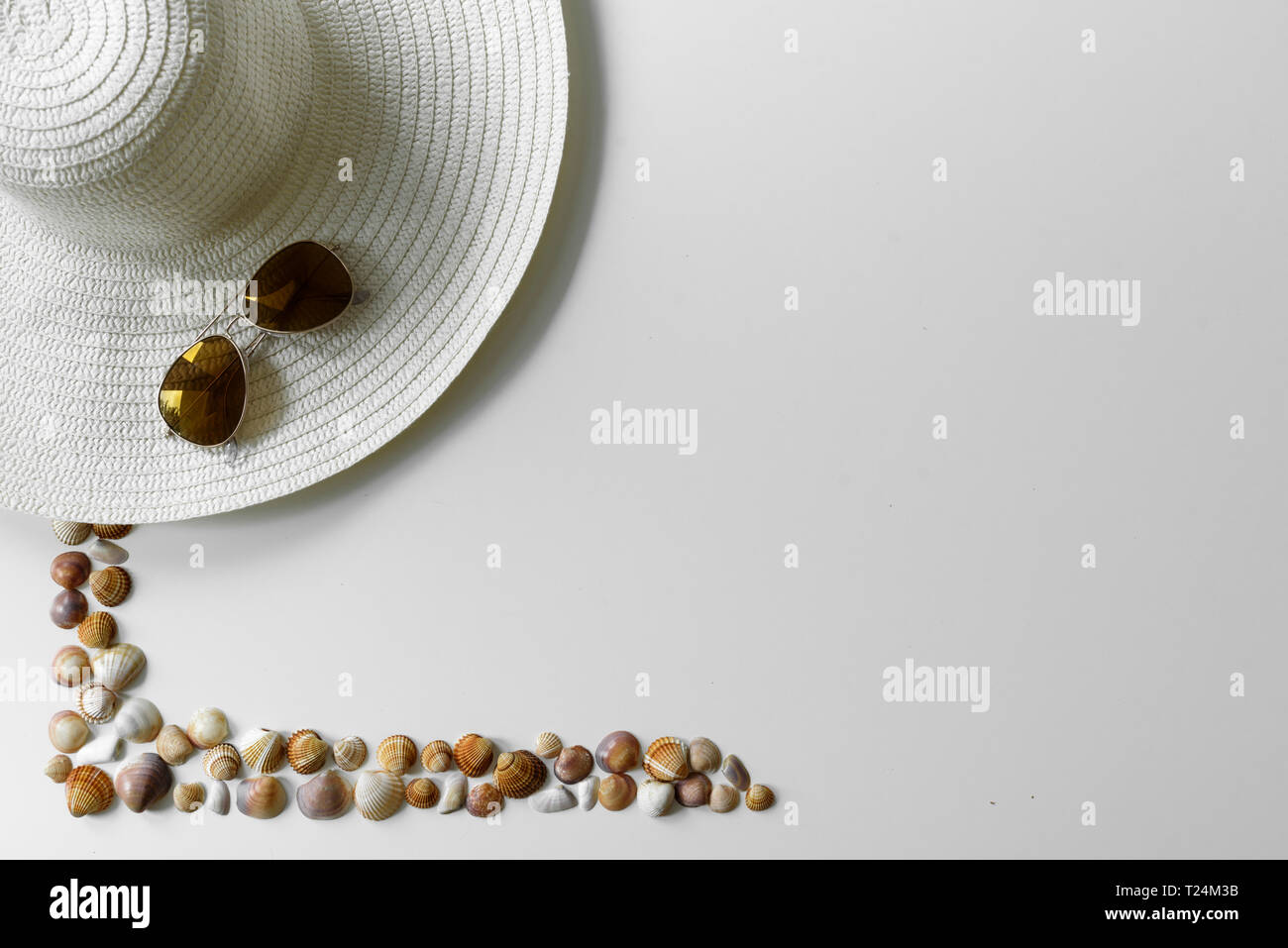 Arrangement Sommer von seashells Frame erstellt, braune Sonnenbrille und Stroh Hut mit Kopie Raum auf weißem Hintergrund. Stockfoto