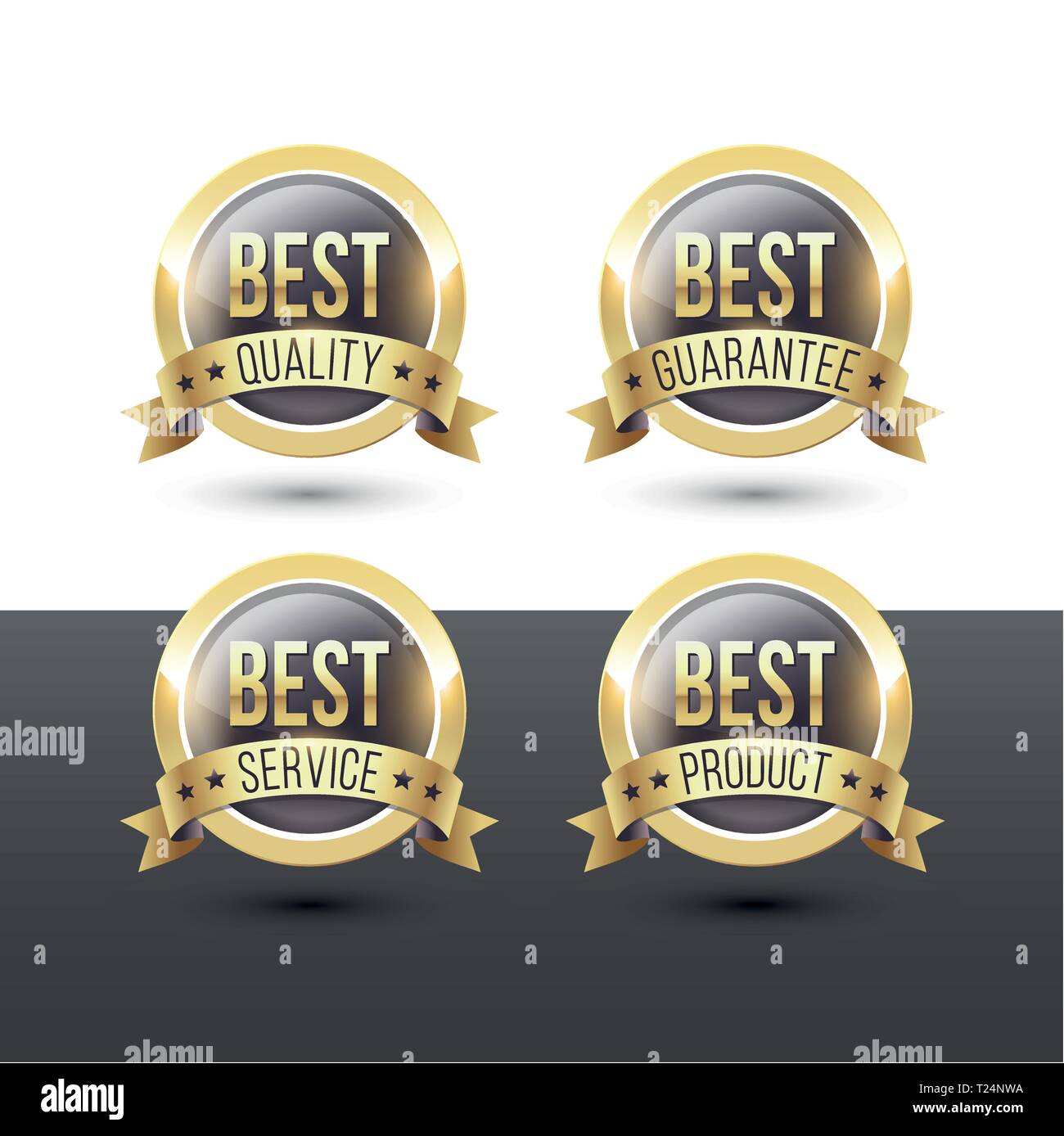 Vector Icons Set von runden hochwertige Etiketten mit metallischem gold Rand und Band-Banner. Beste Qualität. Beste Garantie. Besten Service. Beste Produkt. Stock Vektor