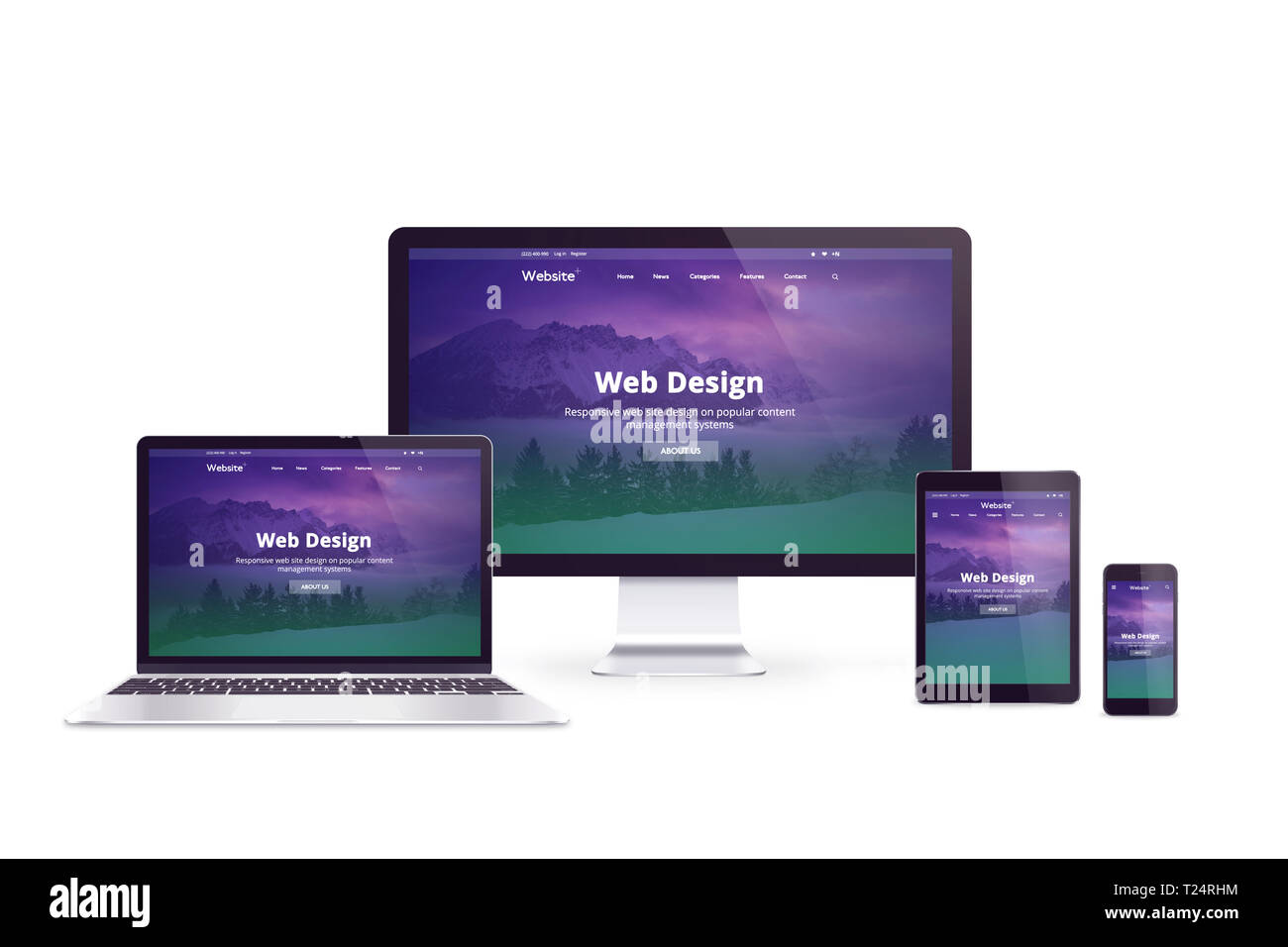 Isolierte Computer Display, Laptop, Notebook, Tablet-PC und Smartphone. Web Design Company reagiert Webseite Konzept auf der Anzeige. Stockfoto