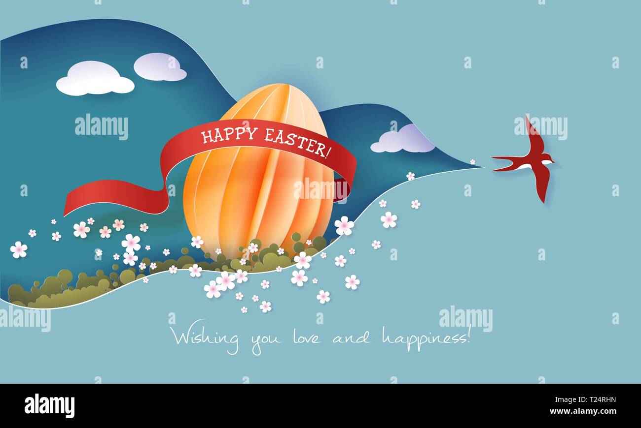Frohe Ostern Frühling Abbildung. Papier schneiden Vogel Schwalbe fliegen mit Schleife ausschnitt Sky für Frühling Landschaft mit großen Osterei. Vektor Stock Vektor