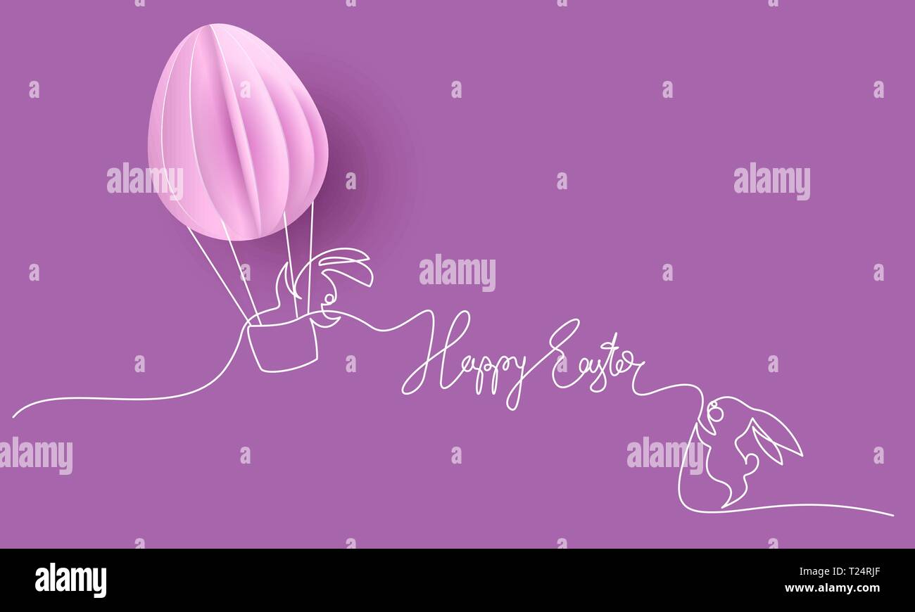 Frohe Ostern Karte. Süße hand Kaninchen mit heissluftballon als Eier geprägt. Vektor Papier desing Abbildung. Kontinuierliche eine Zeile Stil. Stock Vektor