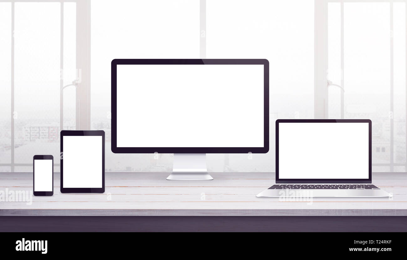 Reaktionsschnelle Anzeigegeräte mockup. Schreibtisch, Web Design Studio. Isplated Display für web design Promotion. Stockfoto
