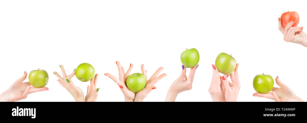 Frau Hände mit Äpfeln auf Weiß mit Freistellungspfad isoliert. Lange Fußzeile Bild mit Kopie Raum Stockfoto