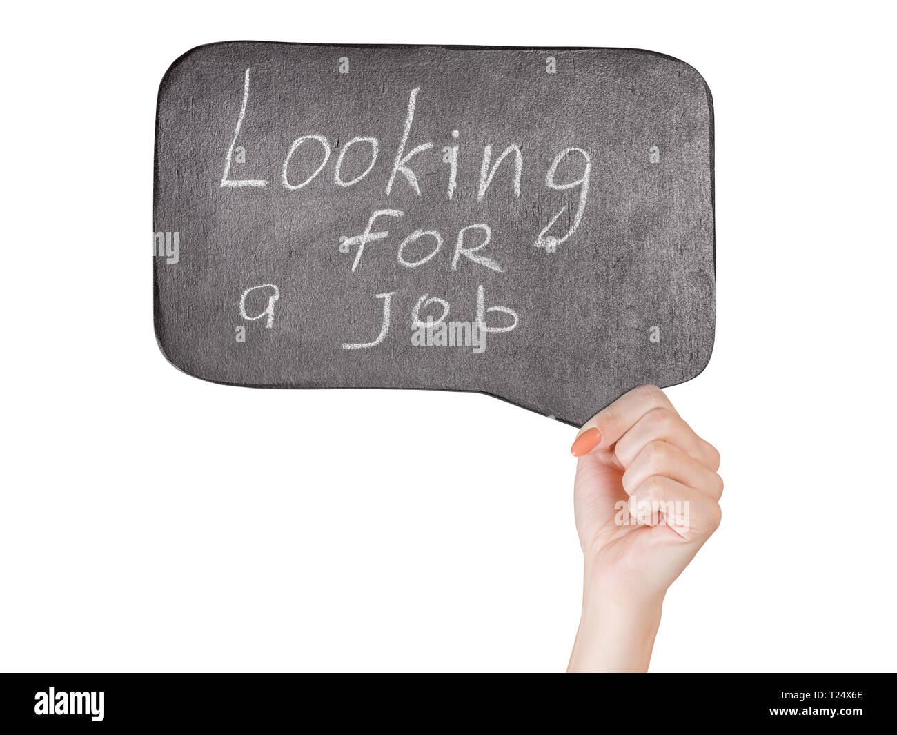 Frau hand mit schwarzem Schiefer mit 'auf der Suche nach einem Job' Text. Auf weißen, Beschneidungspfade getrennt ausgewiesen Stockfoto