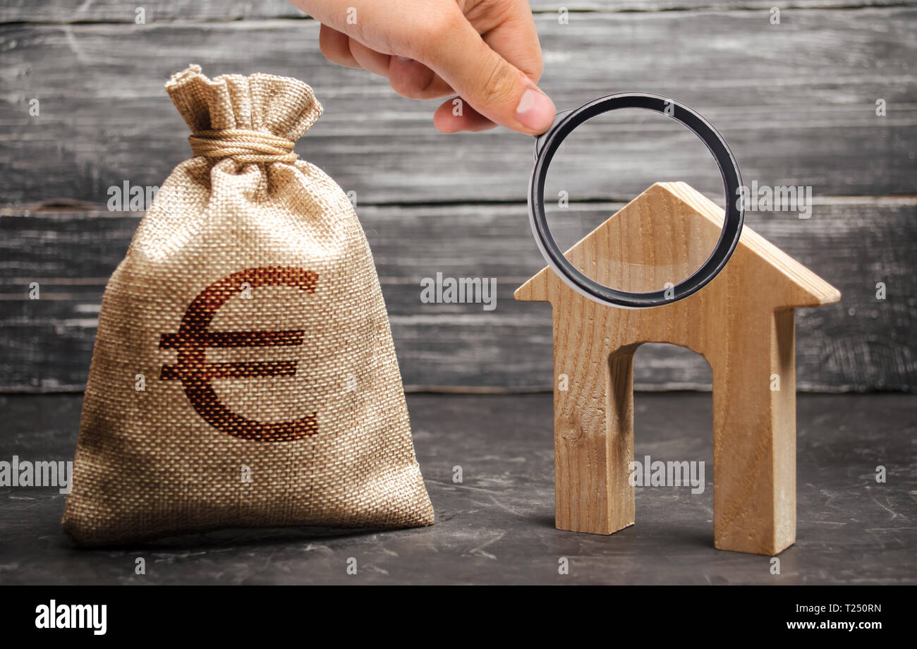 Lupe Betrachtet Das Haus Mit Einem Grossen Eingang Und Einen Beutel Mit Euro Geld Steuern Mieteinnahmen Gebaude Beherbergt Mieten Oder Purchaseconcep Stockfotografie Alamy