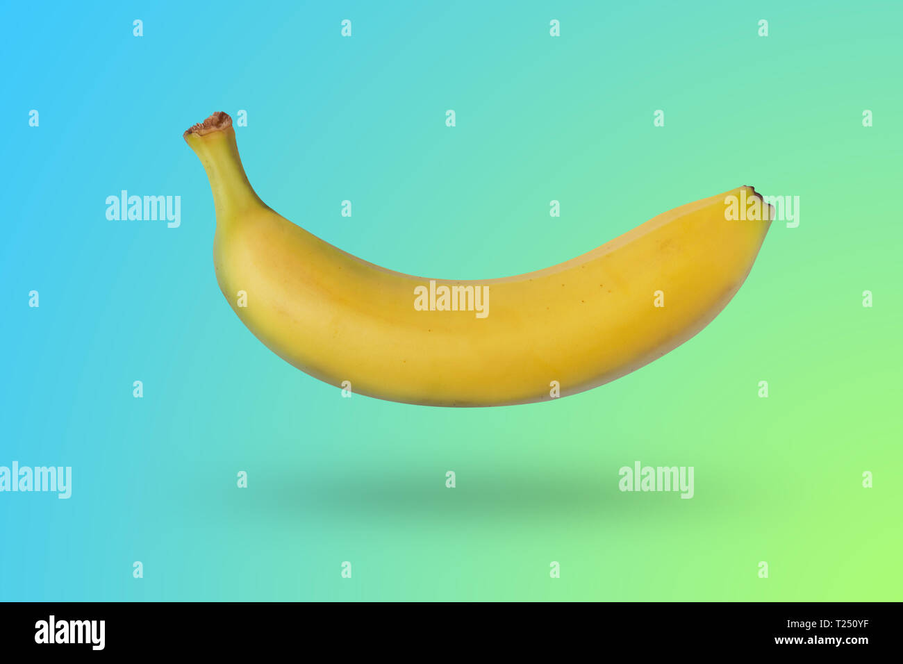 Gelbe Banane auf blauen und gelben Hintergrund mit einem Schatten isoliert. Horizontale Ausrichtung Stockfoto