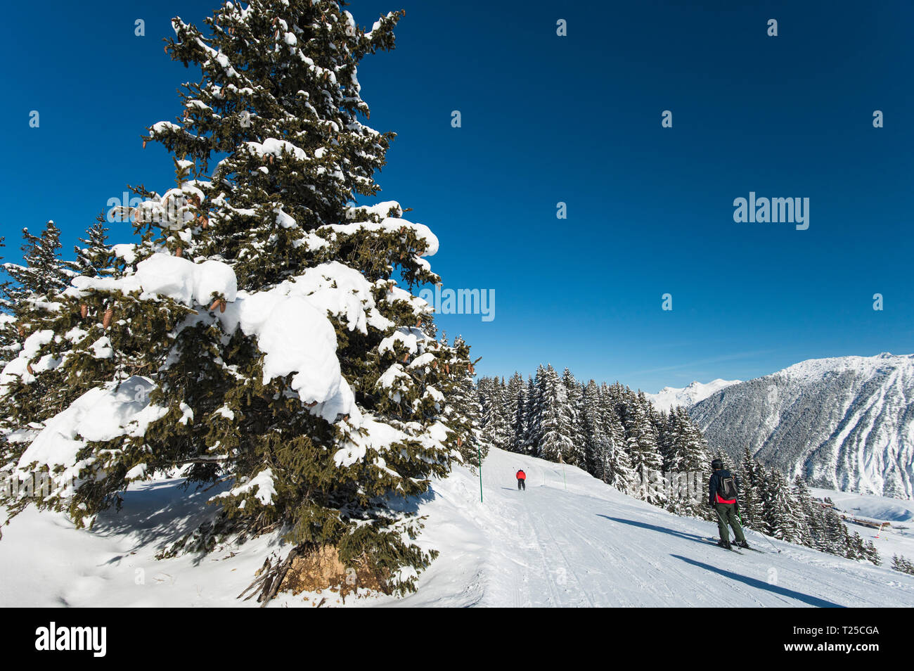 Panoramablick auf die Landschaft, Blick auf das Tal mit Skifahrer eine Skipiste piste im Winter Alpine Mountain Resort Stockfoto