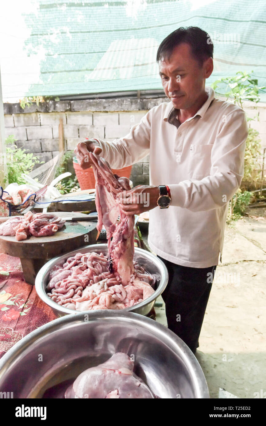 Mann kochen Darm, nördlichen Laos Stockfoto