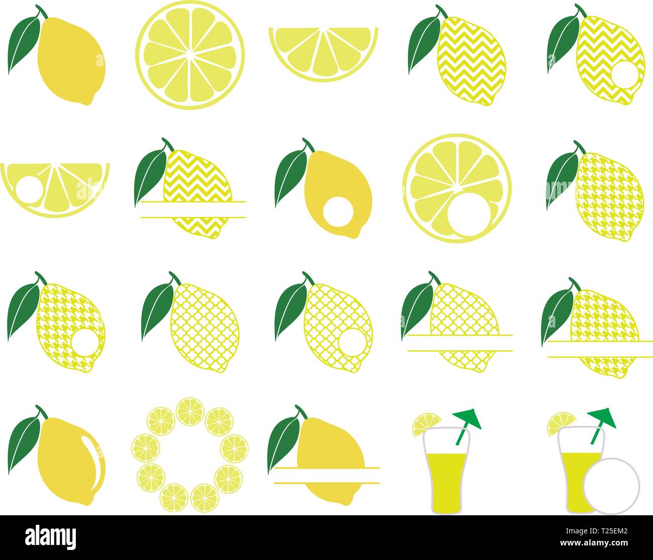 Satz ganz, halbiert, auf Stücke frischen Zitronen, Blätter und Blüten geschnitten, twisted Zitronenschale Hand gezeichnet Vector Illustration Stock Vektor