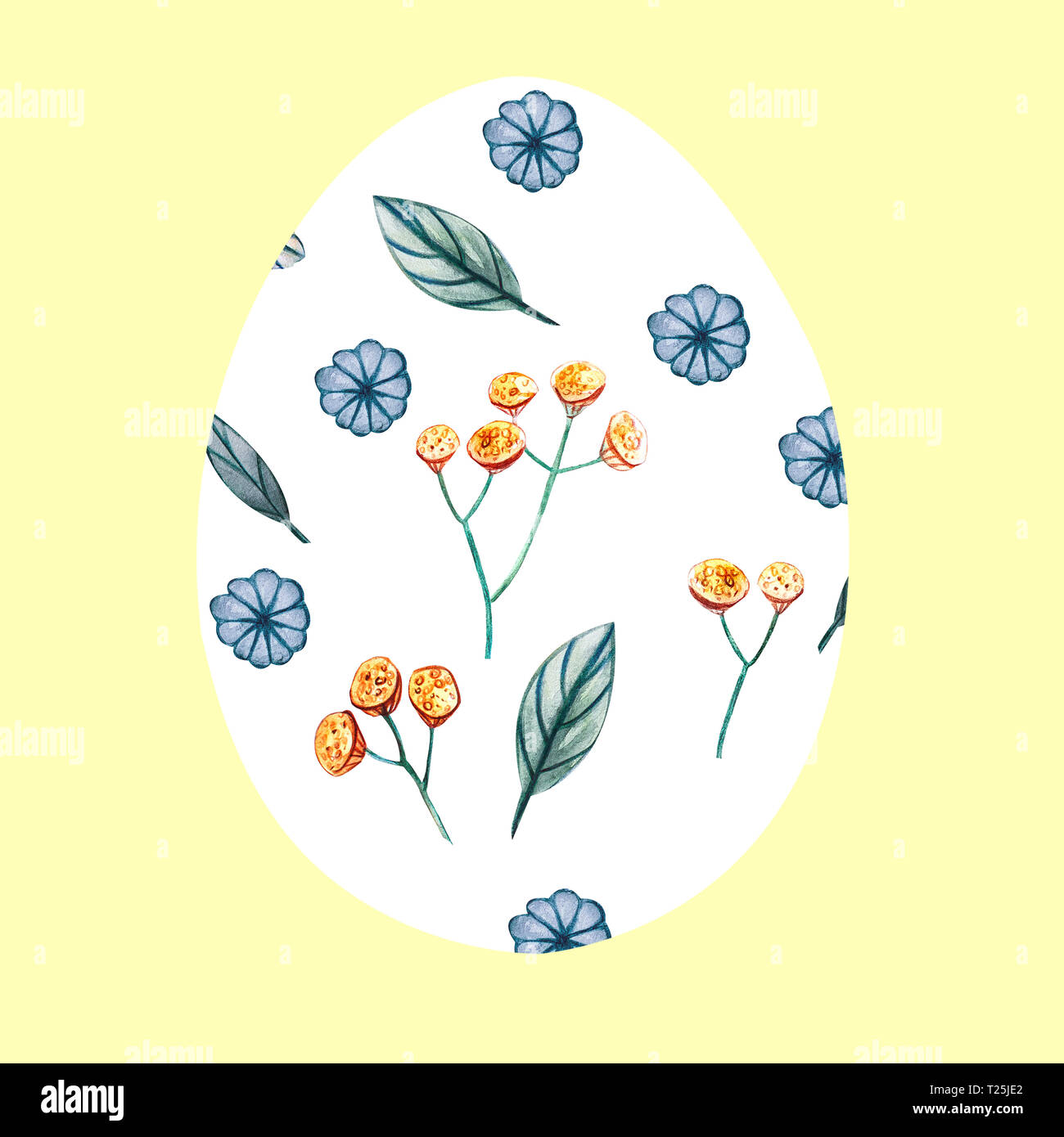 Weiß Osterei auf gelbem Hintergrund mit einem Muster von Blumen. Dekorative Ostereier mit Wildblumen. Grüne Blätter, Knospen und Zweige der Rainfarn in Stockfoto