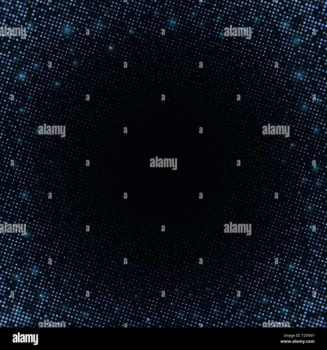 Blau halftone Effekt auf einem dunklen Hintergrund. Zusammenfassung Hintergrund. Blau glänzt. Blau leuchtet. Elektrische glänzende Partikel. Vorlage für die Grußkarte. Vect Stock Vektor