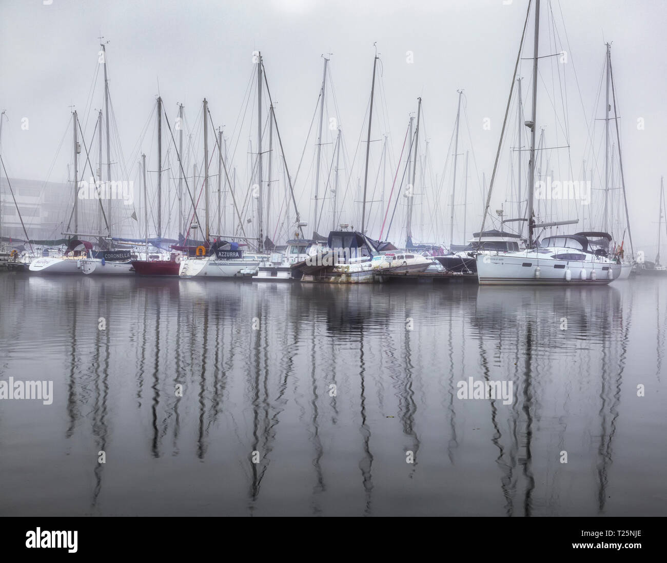 Yachten im Nebel Stockfoto
