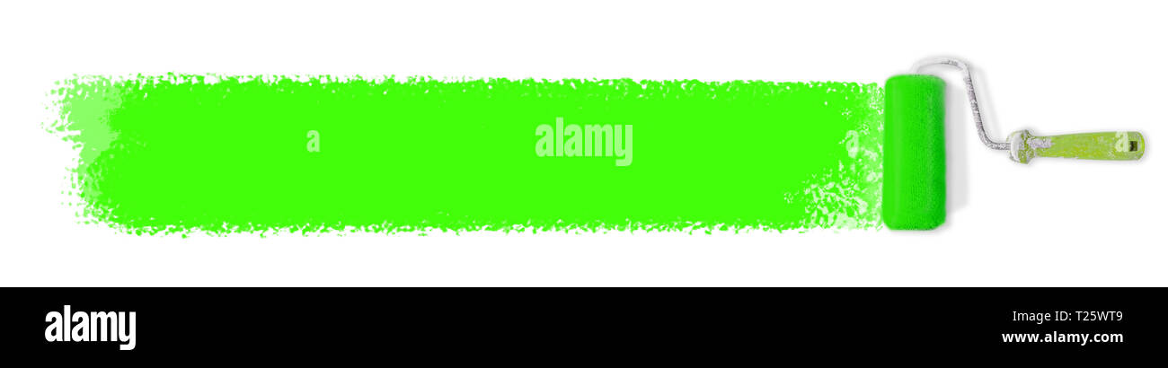 Farbroller mit grüner Farbe auf weißem Hintergrund Stockfoto