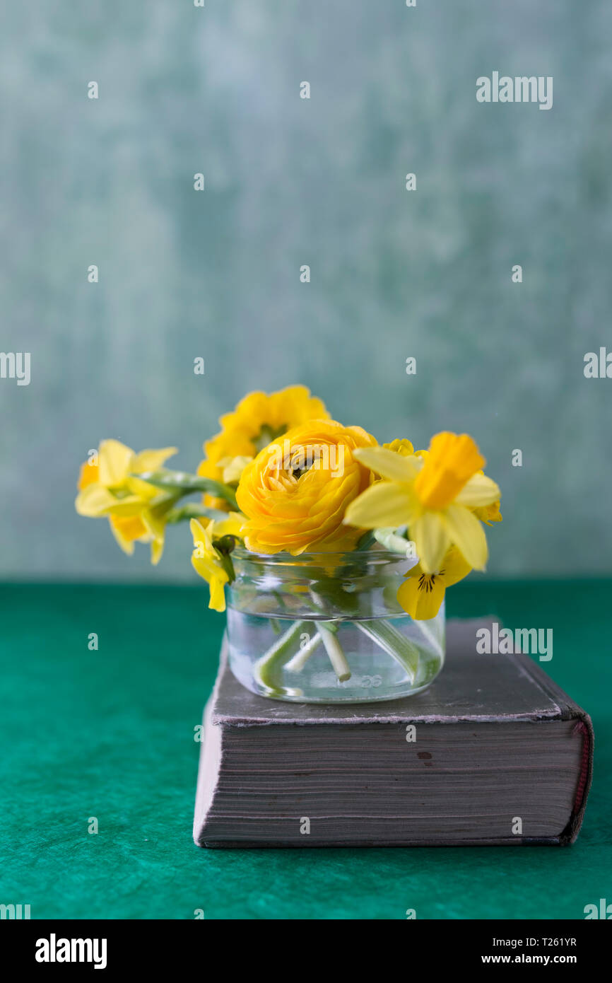 Persische Hahnenfuß, Narzisse, Primrose und Gehörnten violett Glas auf ein Buch Stockfoto