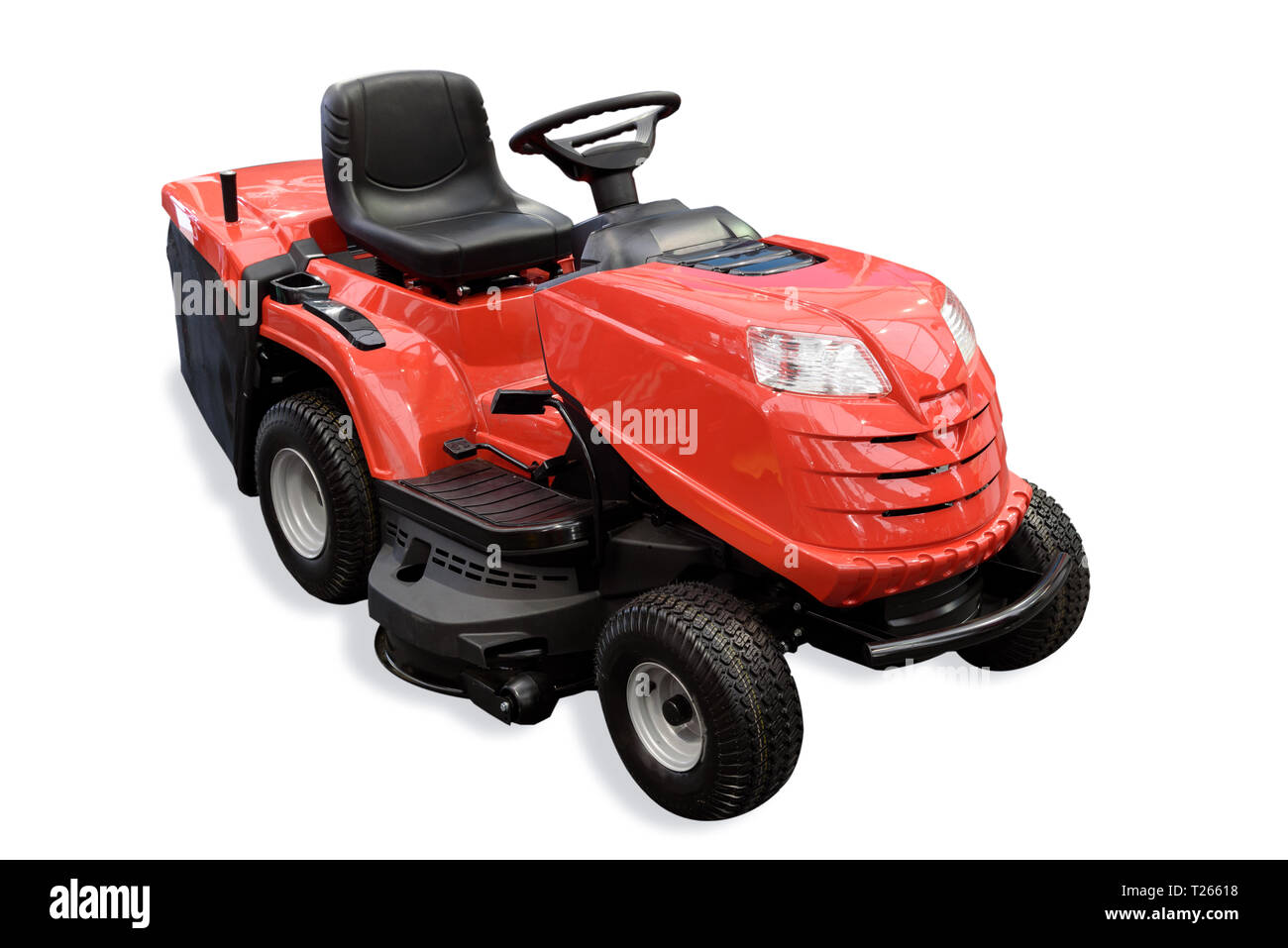 Gartengeräte - generische roten Traktor Mäher auf einem weißen Hintergrund. Stockfoto