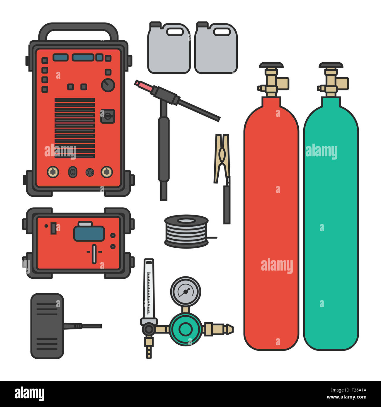 Satz von Vector Illustration gas schweißen Argon Maschine mit Regler tank Fackel für industrielle Bau und Metall, das flache Design Stil Stockfoto