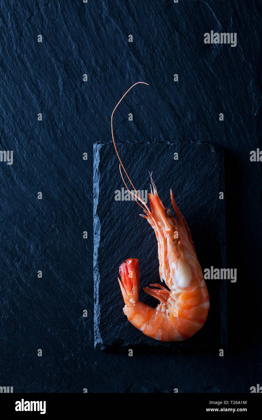 Gekochte Garnelen auf schwarzem Schiefer Stockfoto