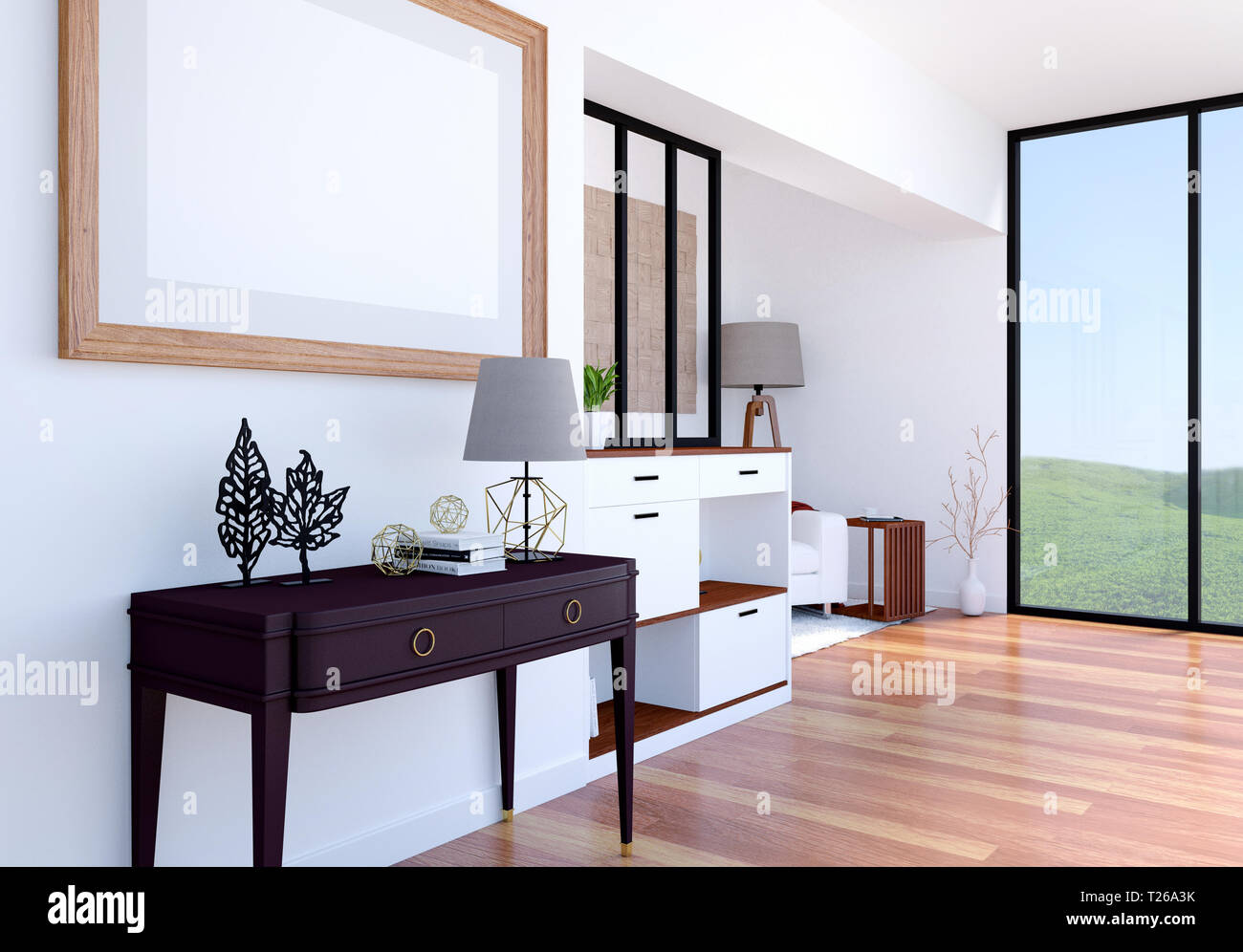 Moderner Luxus Wohnzimmer innen Hintergrund mit Mock up leer Titelbild, 3D-Rendering Stockfoto