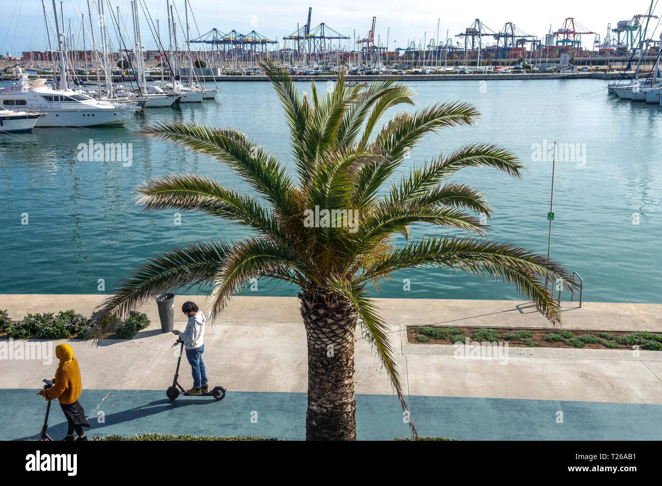 Touristen, die mit Elektrorollern fahren und Luxusyachten und -Boote im Hafen von Valencia Marina Real Spanien betrachten Stockfoto