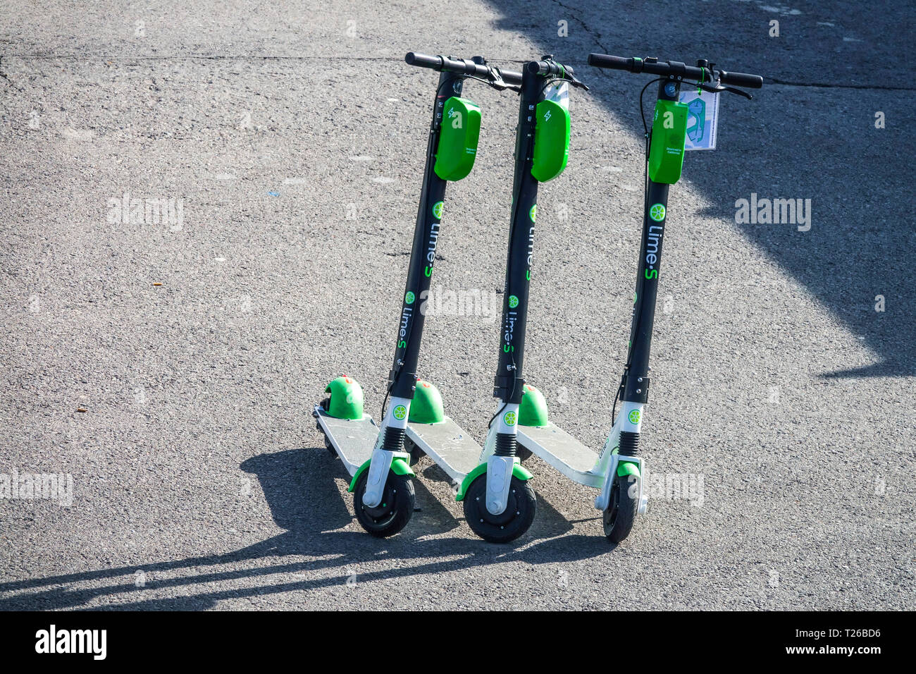 Drei Linden S elektrische Motorroller, Mietwagen Valencia Spanien Stockfoto