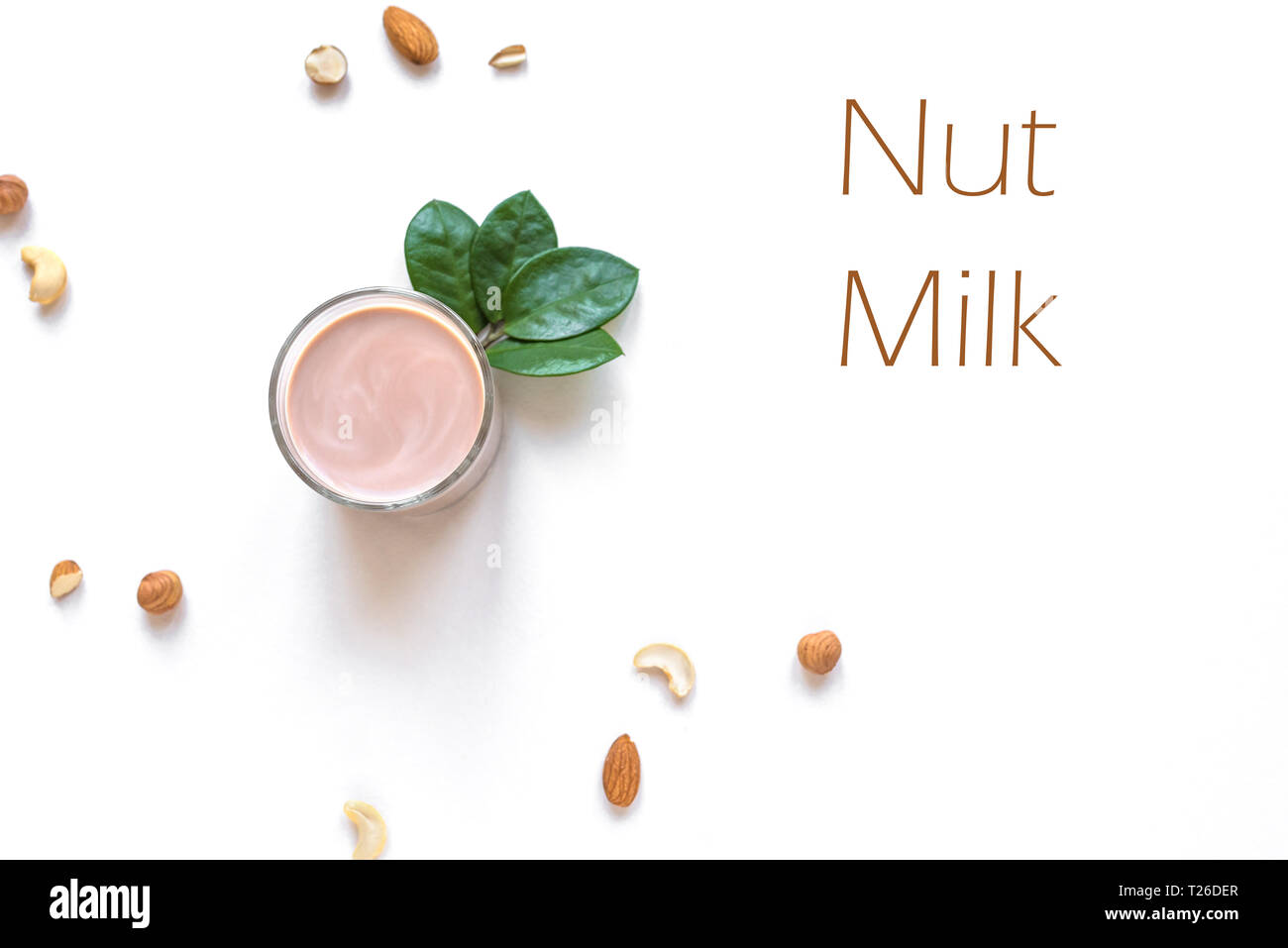 Mutter Milch alternative auf weißem Hintergrund, Kopieren, Ansicht von oben. Gesund vegan Ersatz ohne Milchprodukte Getränk - Mandel Haselnuss cashew Milch. Stockfoto