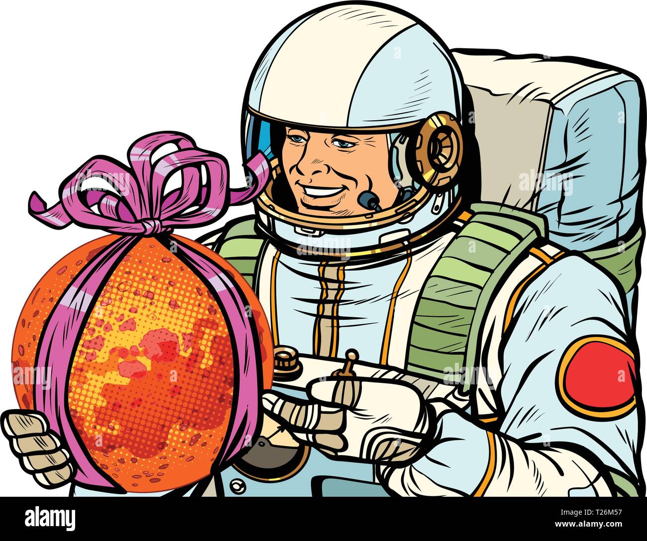 Astronaut gibt den Planeten Mars. Auf weissem Hintergrund isolieren. Pop Art retro Vektor illustration Zeichnung kitsch Vintage Stock Vektor