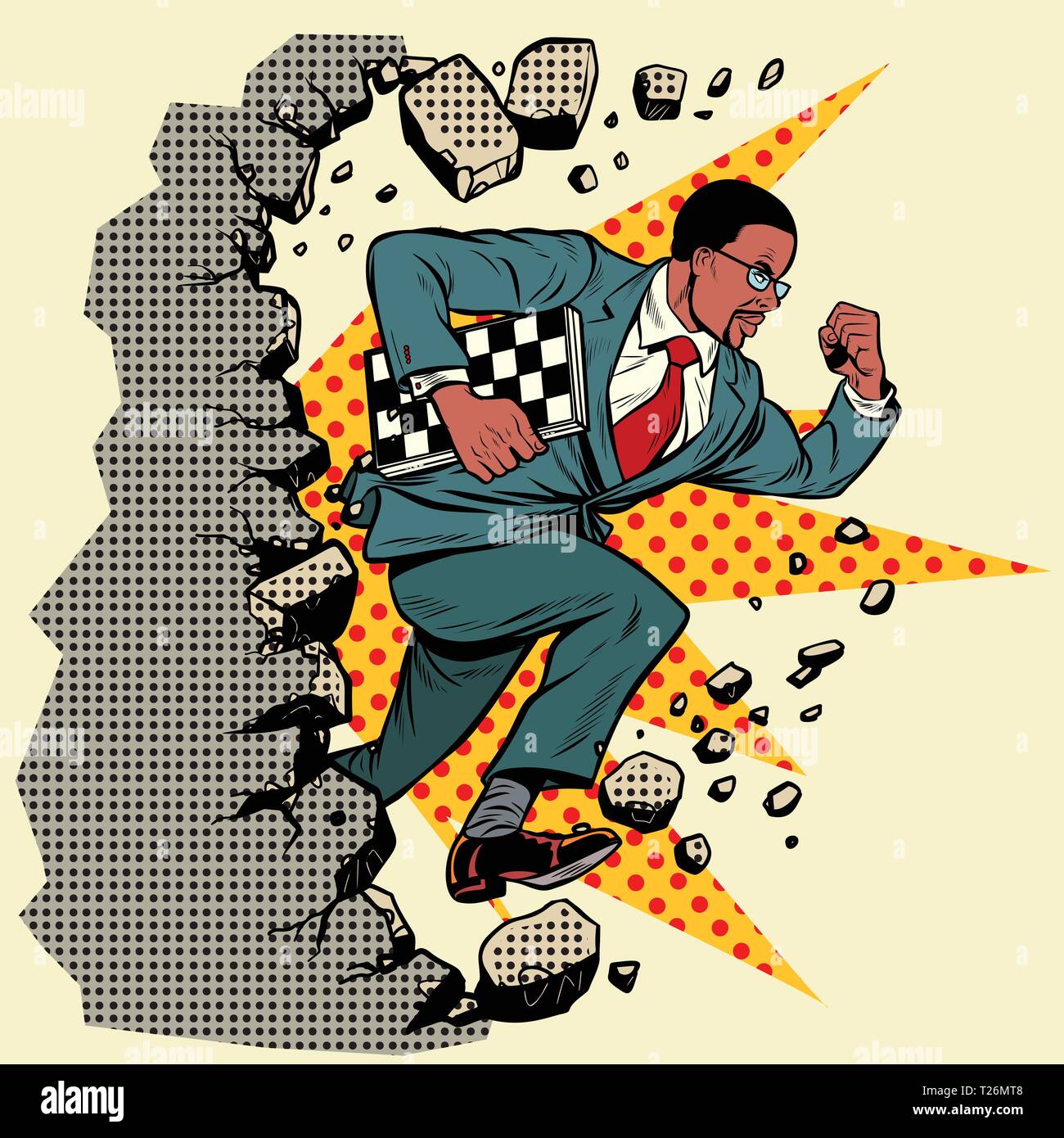 Afrikanische schach Großmeister bricht eine Mauer, zerstört die Stereotypen. Vorwärts bewegen, persönliche Entwicklung. Pop Art retro Vektor illustration Vintage kitsch Stock Vektor