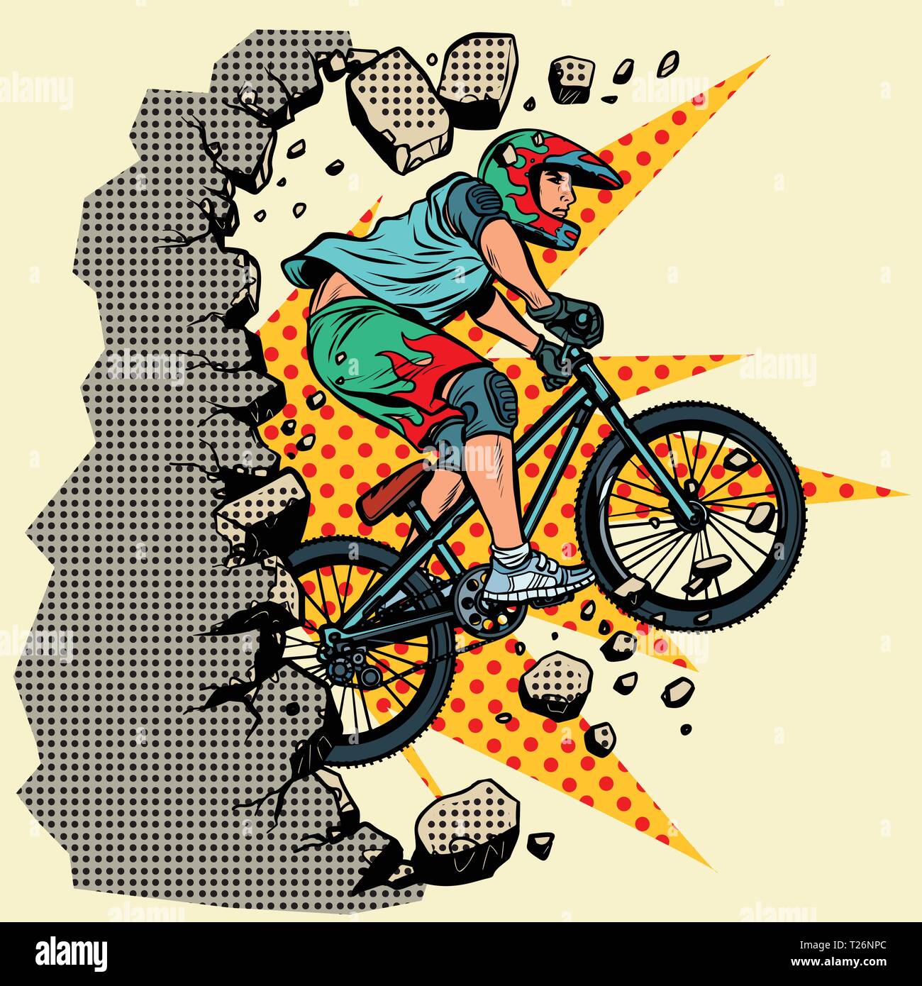 Radfahrer Extremsport Wand bricht. Vorwärts bewegen, persönliche Entwicklung. Pop Art retro Vektor illustration Vintage kitsch Stock Vektor