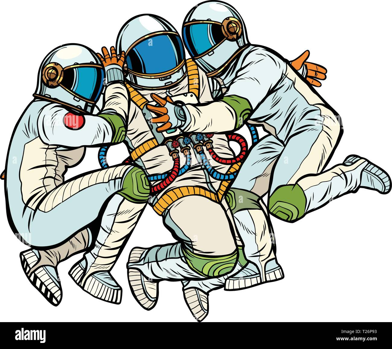 Drei Astronauten umarmte. Pop Art retro Vektor Illustration kitsch Vintage Stock Vektor