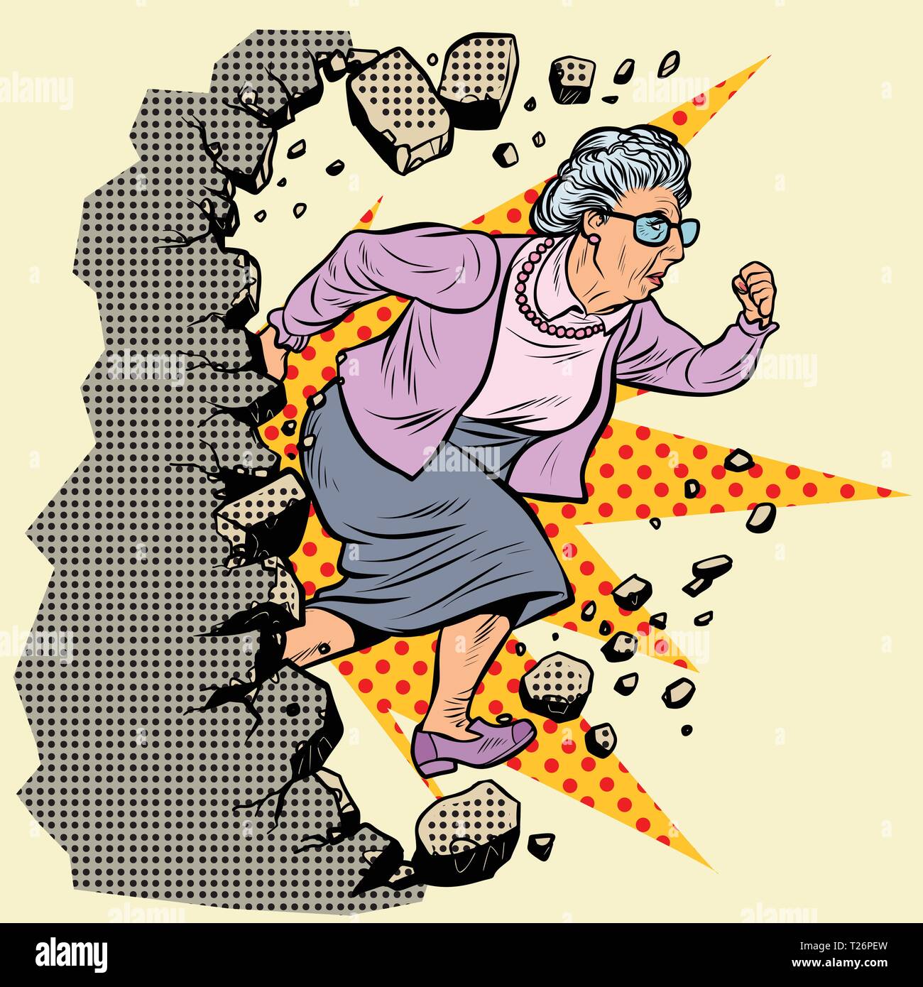 Aktiven alten Oma Rentner bricht die Wand von Stereotypen. Vorwärts bewegen, persönliche Entwicklung. Pop Art retro Vektor illustration Vintage kitsch Stock Vektor