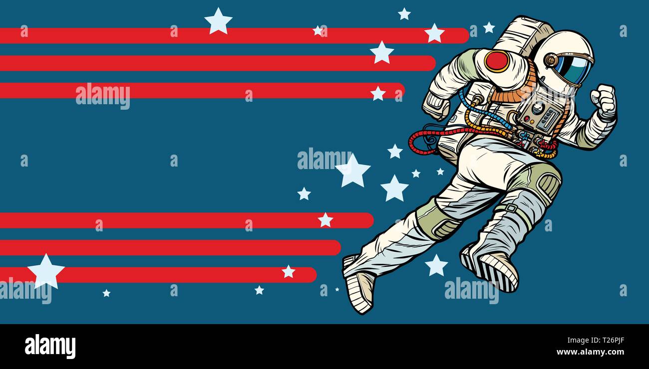 Astronaut läuft nach vorne. Sterne des Universums. Pop Art retro Vektor illustration Vintage kitsch Stock Vektor