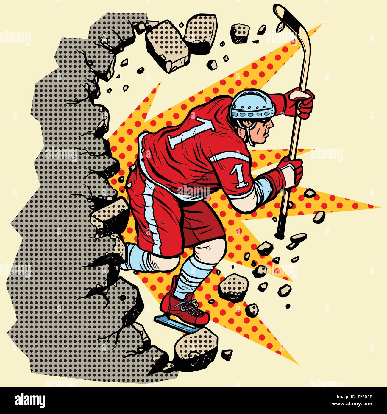 Hockey Player bricht eine Mauer, Winter Sport. Vorwärts bewegen, persönliche Entwicklung. Pop Art retro Vektor illustration Vintage kitsch Stock Vektor