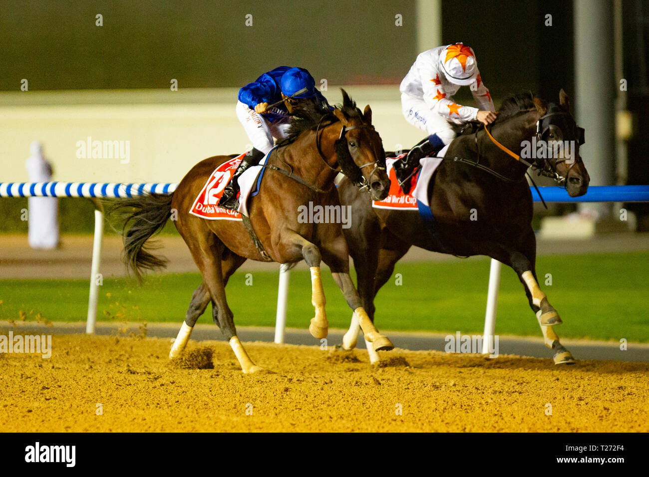 Meydan, Dubai, USA. 30 Mär, 2019. DUBAI, VEREINIGTE ARABISCHE EMIRATE - MÄRZ 30: Thunder Schnee, geritten von Christophe Soumillon, gewinnt die Dubai World Cup am Meydan Racecourse am 30. März 2019 in Dubai, Vereinigte Arabische Emirate. Kaz Ishida/Eclipse Sportswire/CSM/Alamy leben Nachrichten Stockfoto