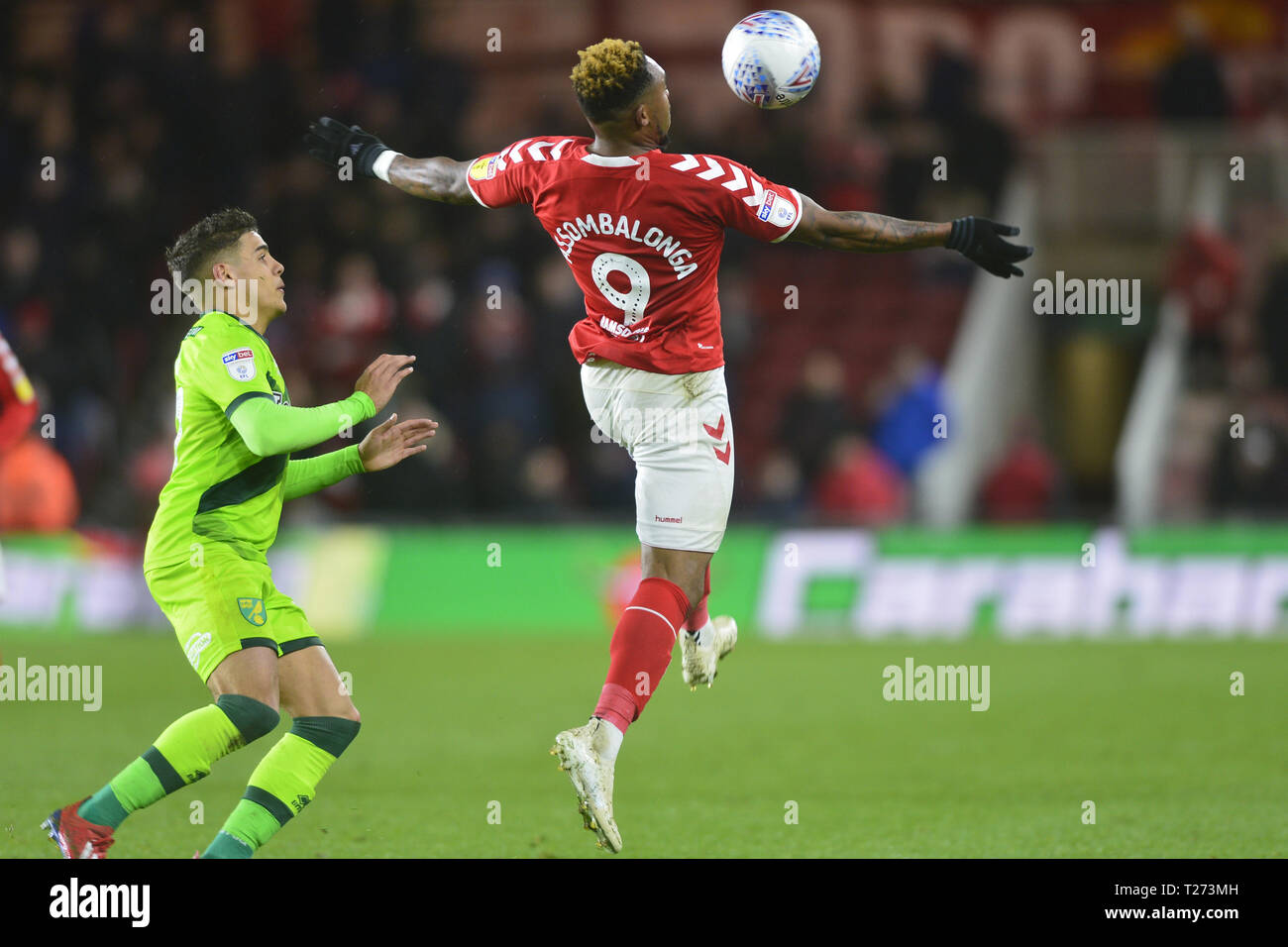 Britt Assombalonga in Aktion während der Sky Bet Championship Match zwischen Middlesbrough und Norwich City an der Riverside Stadium, Middlesbrough am Samstag, den 30. März 2019. (Bild: Tom Collins | MI Nachrichten & Sport Ltd) © MI Nachrichten & Sport Ltd Tel.: +44 7752 571576 e-mail: markf@mediaimage.co.uk Adresse: 1 Victoria Grove, Stockton on Tees, TS 19 7 EL Credit: MI Nachrichten & Sport/Alamy leben Nachrichten Stockfoto