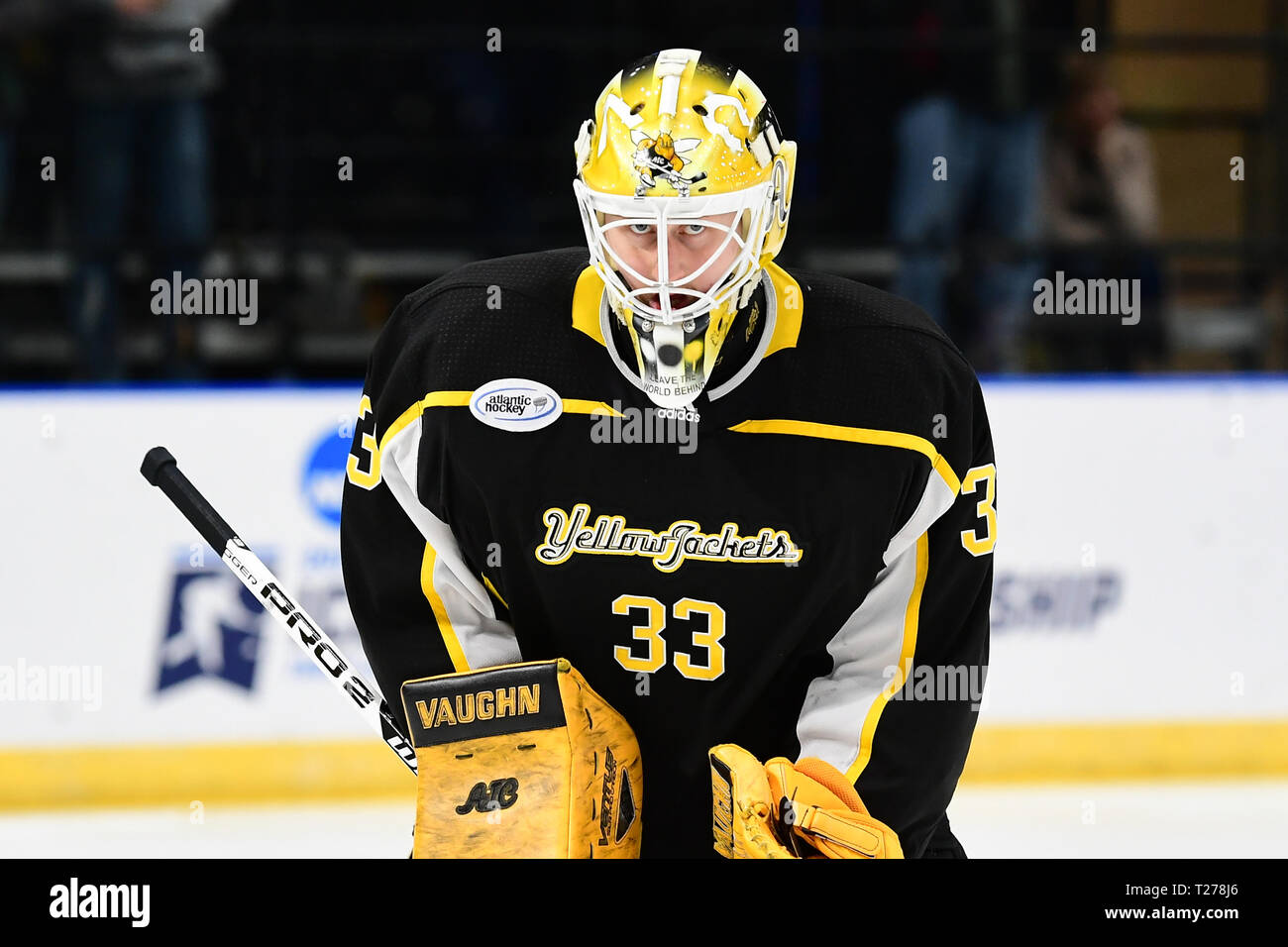 North Dakota, USA. Am 30. März 2019. American International gelben Jacken Torwart Zackarias Skog (33) Skates auf die Bank vor dem Start der NCAA Men's Hockey West regionale Meisterschaft Spiel zwischen der Amerikanischen International College gelbe Jacken und die Denver Pioniere auf Scheels Arena, Fargo, ND. Denver besiegt AIC 3-0 auf dem gefrorenen vier zu bewegen. Foto von Russell Hons/CSM Credit: Cal Sport Media/Alamy leben Nachrichten Stockfoto