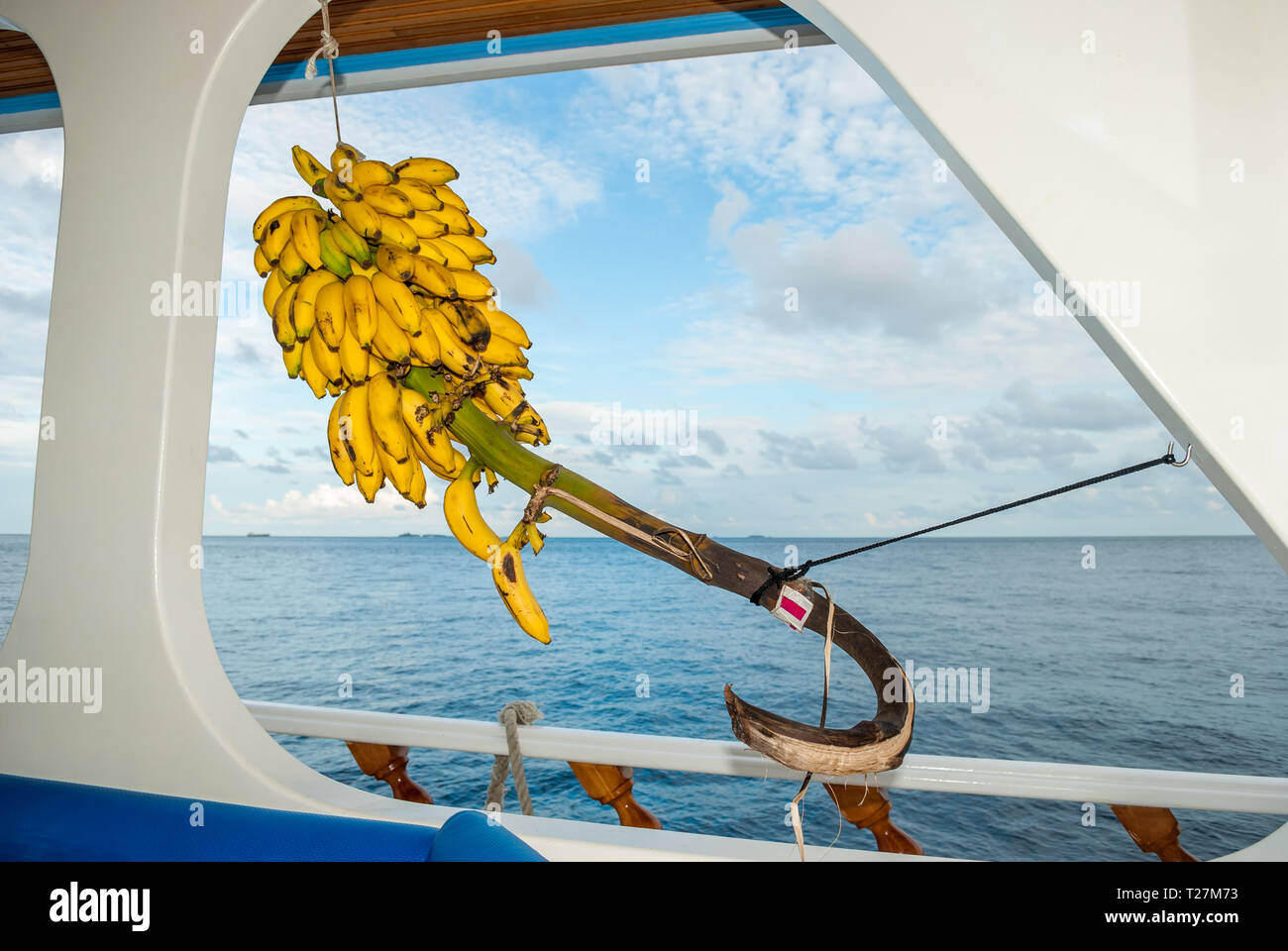 Banane Bündel zu einem tauchen Boot für die Gäste, Malediven Stockfoto