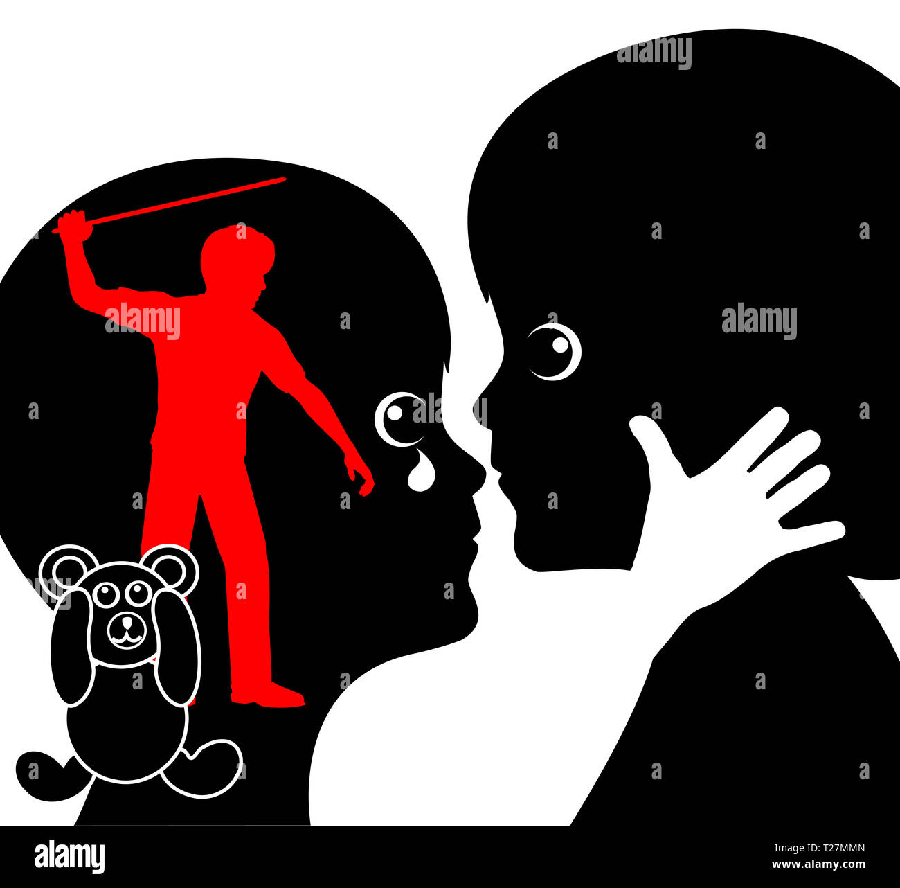 Weinend Bruder erhält von seiner Schwester getröstet, nachdem er physisch erhielt von Erwachsenen bestraft Stockfoto